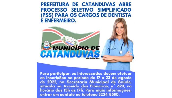 Catanduvas - Prefeitura abre Processo Seletivo Simplificado (PSS) para os cargos de dentista e enfermeiro